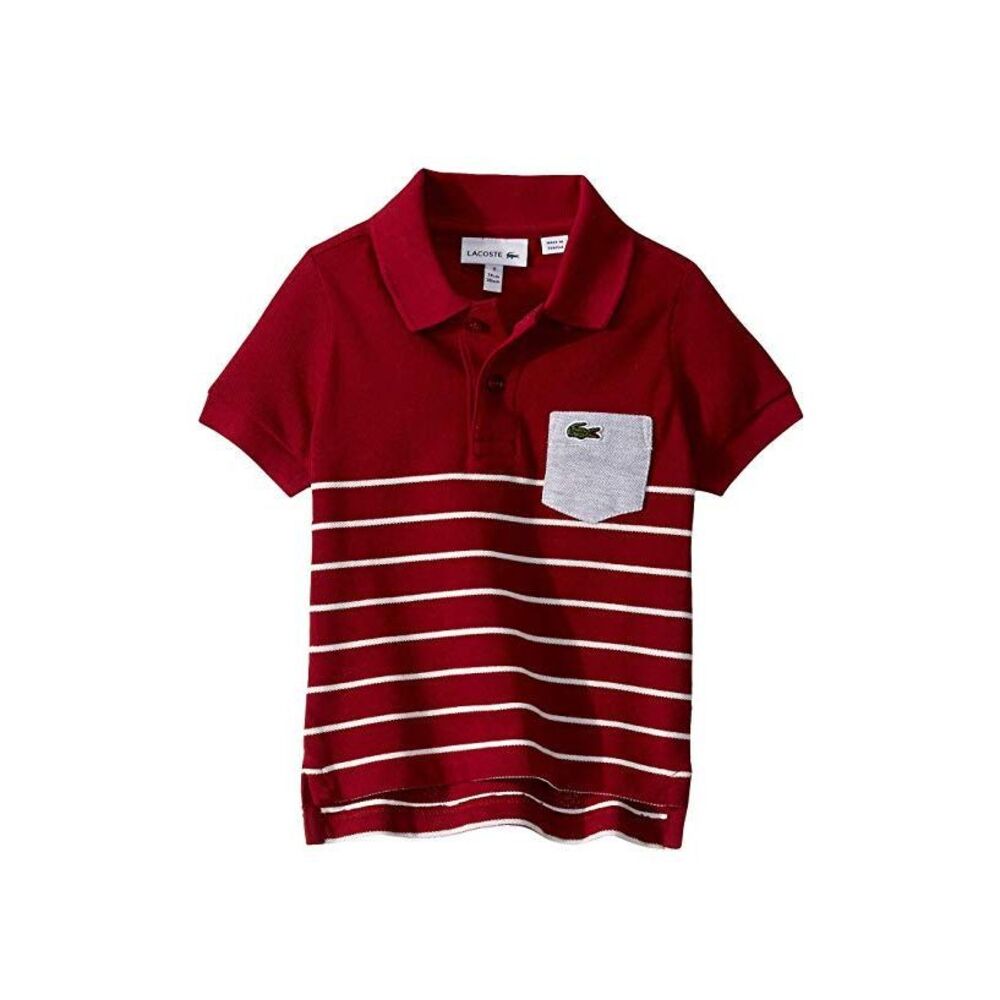 Lacoste Boys Red And White Striped Shirt with Grey Pocket Size 16